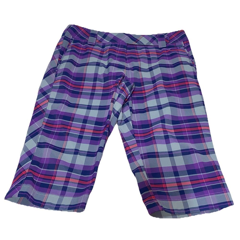 Oakley Golf Womens Long Shorts Sz 10 Purple Pink Gray Plaid Logo Capri Over Knee